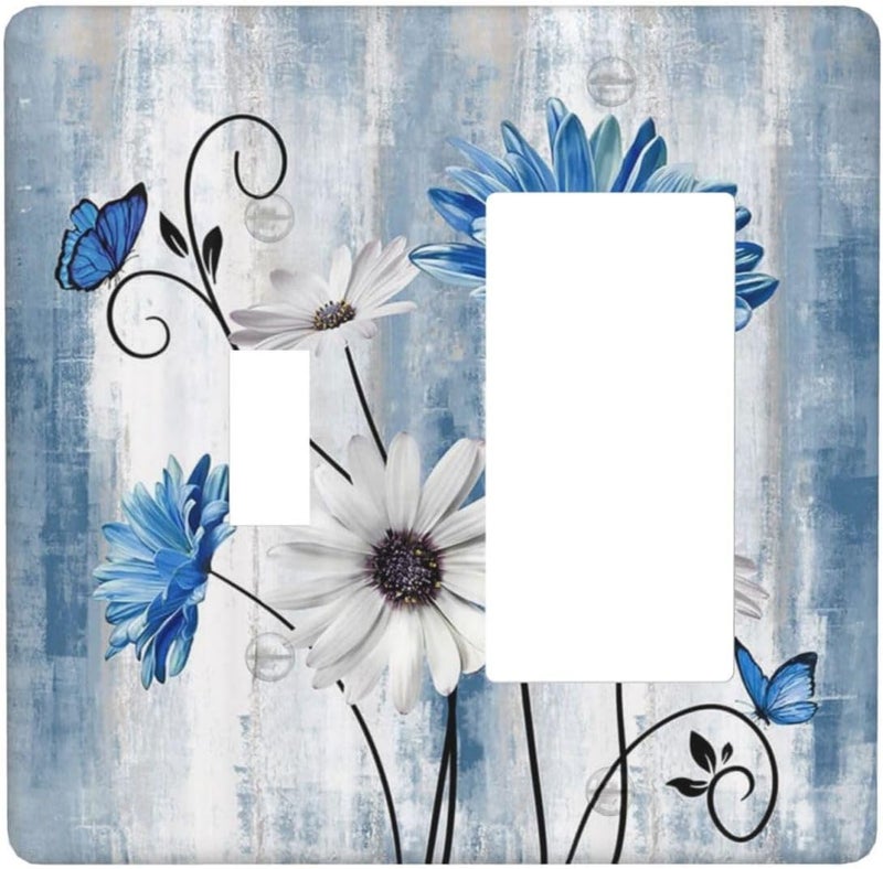 Sghxwp Rustic Teal Blue Daisy Floral 2 Gang Single Toggle Rocker Combination Light Switch Covers Wall Plate Cover Electrical Faceplate Decorative Switchplate for Country Bathroom Bedroom Kitchen Decor - Image 1